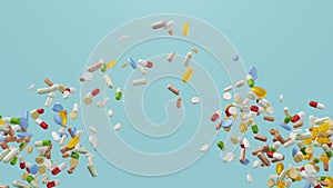 Flying, falling pills. different colored tablets, capsules. Health care concept. Antibiotics inside pills, vitamins