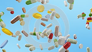 Flying, falling pills. different colored tablets, capsules. Health care concept. Antibiotics inside pills, vitamins