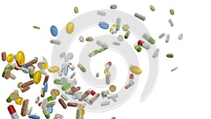 Flying, falling pills. different colored tablets isolate on white background. Health care concept. Antibiotics inside