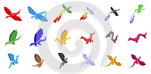 Flying fantasy dragon icons set isometric vector. Animal wings