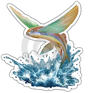 Flying fish jumps out of the water sticker and pin.