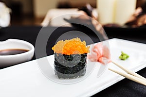 Flying fish roe masago served on a plate