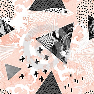 Flying fish silhouette, wave splashes, marble triangles seamless pattern