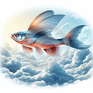 Flying fish in the sky among the clouds.