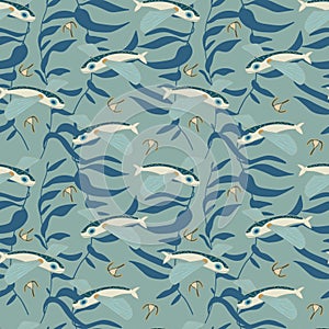 Flying fishes and sea weed seamless pattern in blue and green colours.