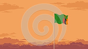 Flying flag of Zambia in front of a cloudy sky background.