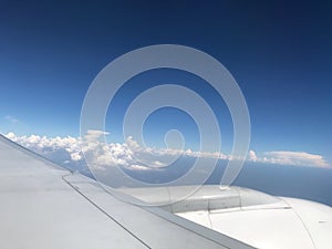 Flying flight outside window cloudy blue sky