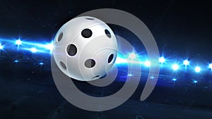 Flying Floorball Ball And Shiny Spotlights Behind. Digital 3D illustration of sport equipment for background use.