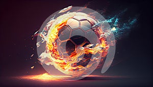 Flying football or soccer ball on fire, black background