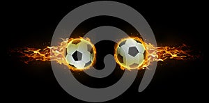 Flying football or soccer ball on fire. Isolated on black background