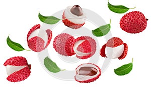 flying fresh lychee with slices and green leaves isolated on white background. clipping path