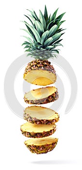 Flying fresh ripe pineapple slices