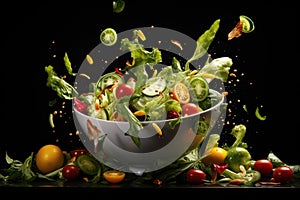 Flying fresh vegetable salad in bowl with splashes and drops on black background
