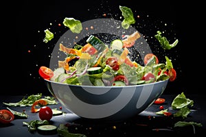 Flying fresh vegetable salad in bowl with splashes and drops on black background