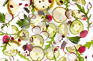 Flying Fruits and vegetables on a white background