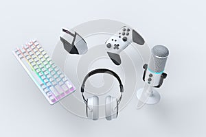 Flying gamer gears like mouse, keyboard, joystick, headset, VR, microphone