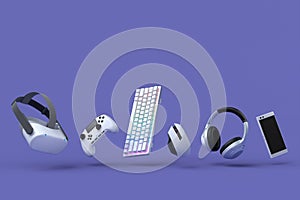 Flying gamer gears like mouse, keyboard, joystick, headset, VR on purple