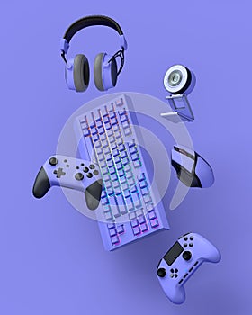 Flying gamer gears like mouse, keyboard, joystick, headset, VR, web camera