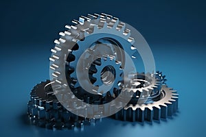 Flying gears on blue background, engineering technology, mechanism development, industrial progress, idea concept, business cooper