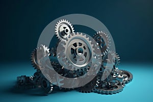 Flying gears on blue background, engineering technology, mechanism development, industrial progress, idea concept, business cooper