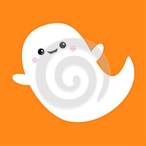 Flying ghost spirit. Boo. Happy Halloween. Scary white ghosts. Cute cartoon spooky character. Smiling face, hands. Orange backgrou