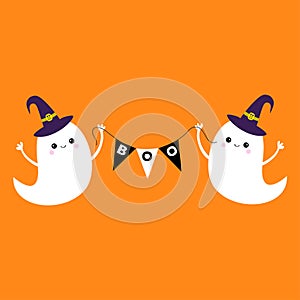 Flying ghost spirit holding bunting flag Boo. Witch hat. Happy Halloween. Two scary white ghosts. Cute cartoon spooky character. S