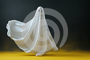 Flying ghost in a white sheet, minimal spooky Halloween scene