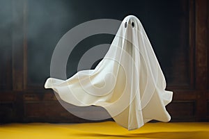 Flying ghost in a white sheet, minimal spooky Halloween scene