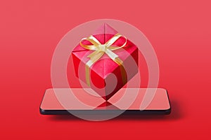 Flying gift box over smartphone on red background