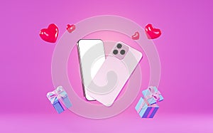 Flying gift boxes, hearts and a mock-up of a mobile phone. Advertising banner for Valentine`s Day, 3d render.