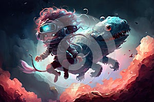 flying girl monster in space background digital illustration