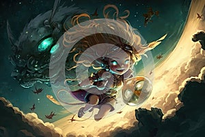 flying girl monster in space background digital illustration