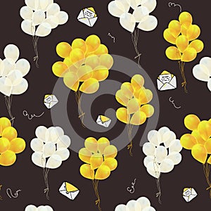 Flying glowing balloons colorful seamless pattern background, letter, envelope, beautiful colorful vector illustration. black,