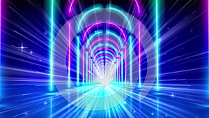 Flying through glowing neon arches, tunnel, round shaped led arcade. Bright laser stage light. Pink blue purple corridor neon arch