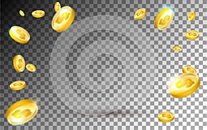 Flying gold coins explosion on transparent background. Realistic