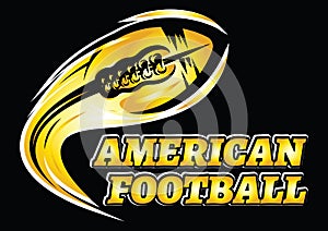 Flying golden ball of American football on a black background. Colored vector illustration. Template for design