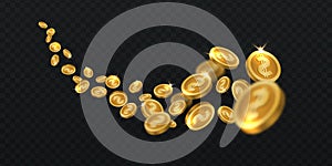 Flying golden coins. Gold coin rain isolated. Jackpot winning cash 3d vector illustration