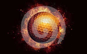 Flying golf ball in burning flames close up on dark brown background.