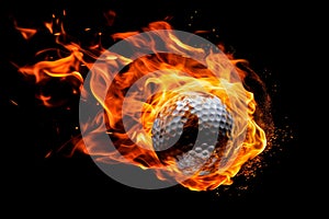 Flying golf ball in flames on pure black background
