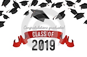 Flying Graduate caps on white background. Student hats with congratulations text. Class on 2019 invitation. Vector illustration