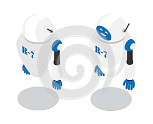 Flying gravity improved robot assistant, smart supporting pensioner helper back and front view. Technologies of future