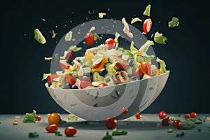 Flying greek salad bowl. Generate Ai