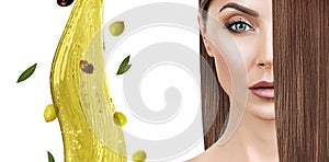 Flying green olive splash near woman with long hair.