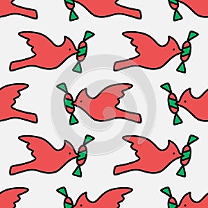 Flying groovy red cardinal birds holding candy gift seamless Christmas and New Year seamless pattern in Scandinavian