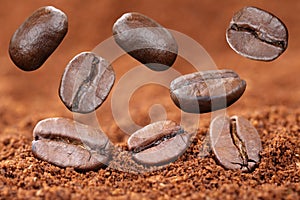 Flying ground coffee beans bean
