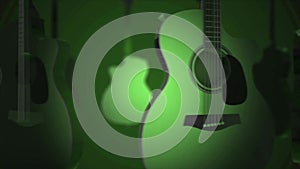 Flying Guitars - Classic, Folk, Bard, Rock Music Instrument. Realistic 3D animation on green background. Guitar