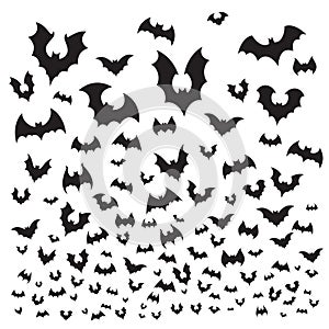 Flying halloween bat. Cave bats flock silhouette fly at sky. Scary vampire flittermouse vector background illustration
