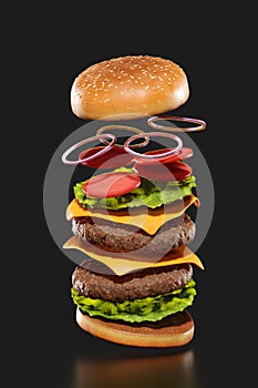 Flying hamburger with meat, cheese, tomato, lettuce and onions on dark backgrounder.