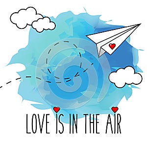 Flying hand drawn paper plane vector illustration, romantic, valentine card.