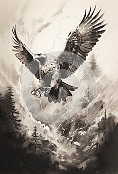 A flying hawk with spread wings extended its claws